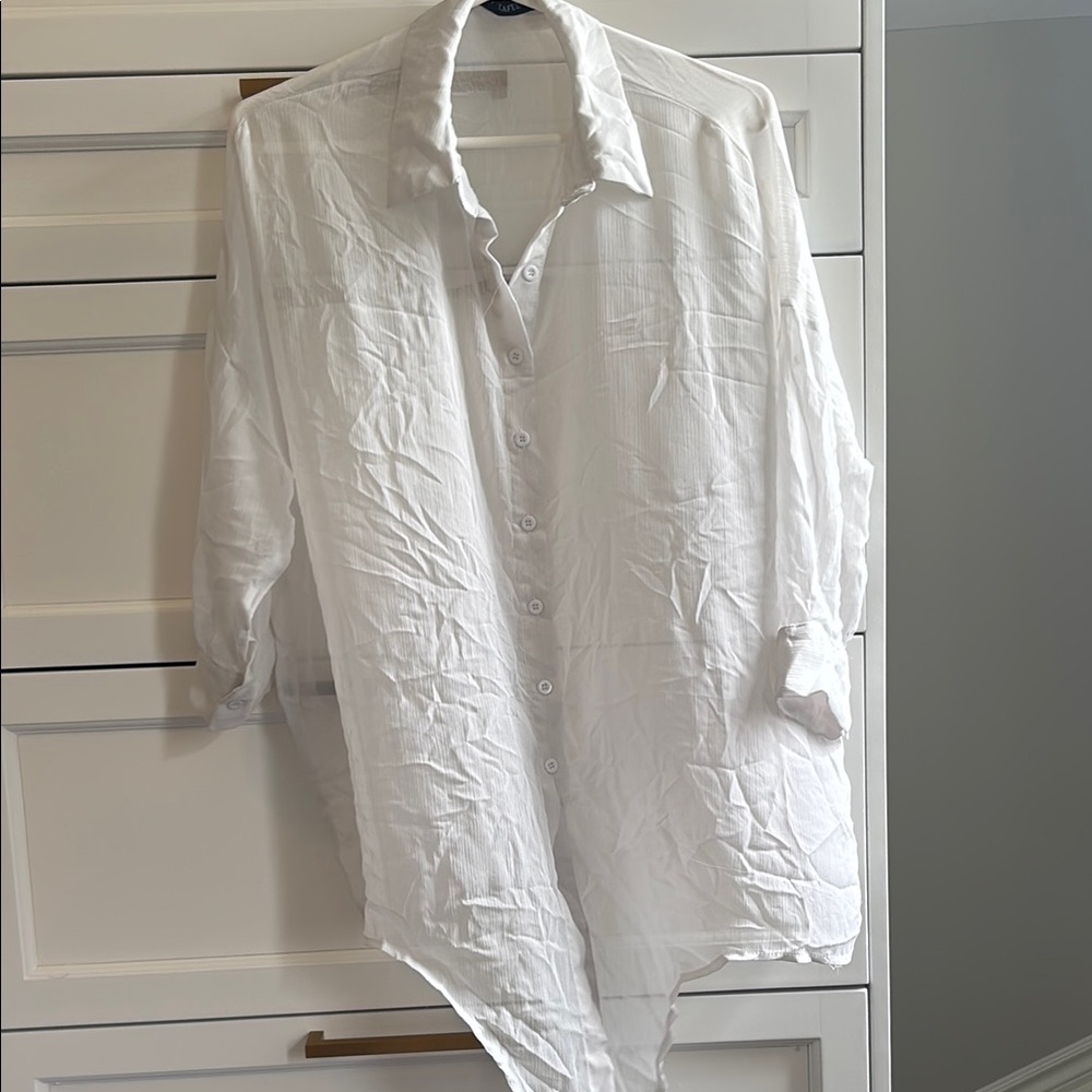 Zaful Front Tie Button Up White Swim Coverup
